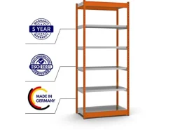 PROREGAL Fachbodenregal Stecksystem Vierkant-Profil Grundregal HxBxT 250 x 102,5 x 50 cm 6 Ebenen Einseitige Bauart Fachlast 200 kg Orange