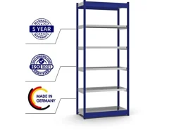 PROREGAL Fachbodenregal Stecksystem Vierkant-Profil Grundregal HxBxT 250 x 102,5 x 40 cm 6 Ebenen Einseitige Bauart Fachlast 200 kg Enzianblau