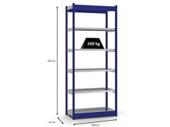 PROREGAL Fachbodenregal Stecksystem Vierkant-Profil Grundregal HxBxT 250 x 102,5 x 40 cm 6 Ebenen Einseitige Bauart Fachlast 200 kg Enzianblau