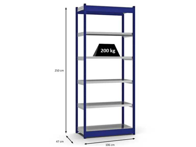 PROREGAL Fachbodenregal Stecksystem Vierkant-Profil Grundregal HxBxT 250 x 102,5 x 40 cm 6 Ebenen Einseitige Bauart Fachlast 200 kg Enzianblau