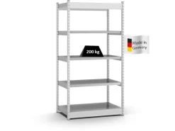 PROREGAL Fachbodenregal Stecksystem Vierkant-Profil Grundregal HxBxT 200 x 102,5 x 60 cm 5 Ebenen Einseitige Bauart Fachlast 200 kg Lichtgrau