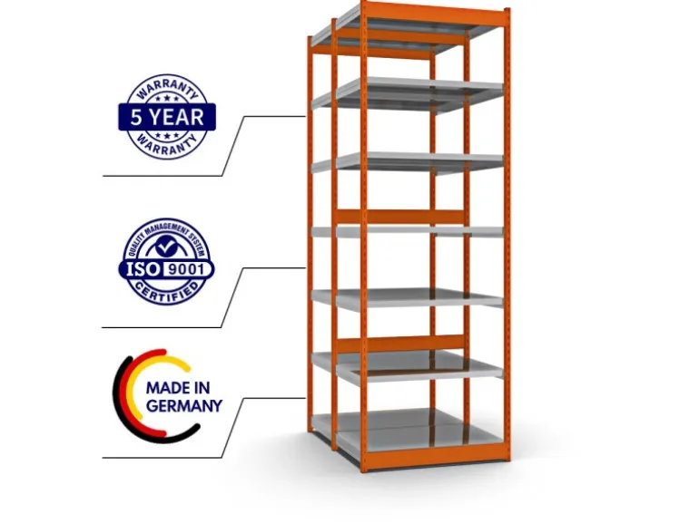 PROREGAL Fachbodenregal Stecksystem Vierkant-Profil Grundregal HxBxT 300 x 102,5 x 60 cm 2x7 Ebenen Doppelseitige Bauart Fachlast 200 kg Orange