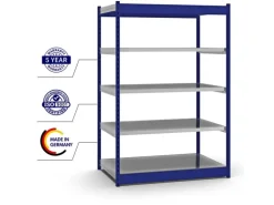 PROREGAL Fachbodenregal Stecksystem Vierkant-Profil Grundregal HxBxT 200 x 132,5 x 80 cm 5 Ebenen Einseitige Bauart Fachlast 200 kg Enzianblau