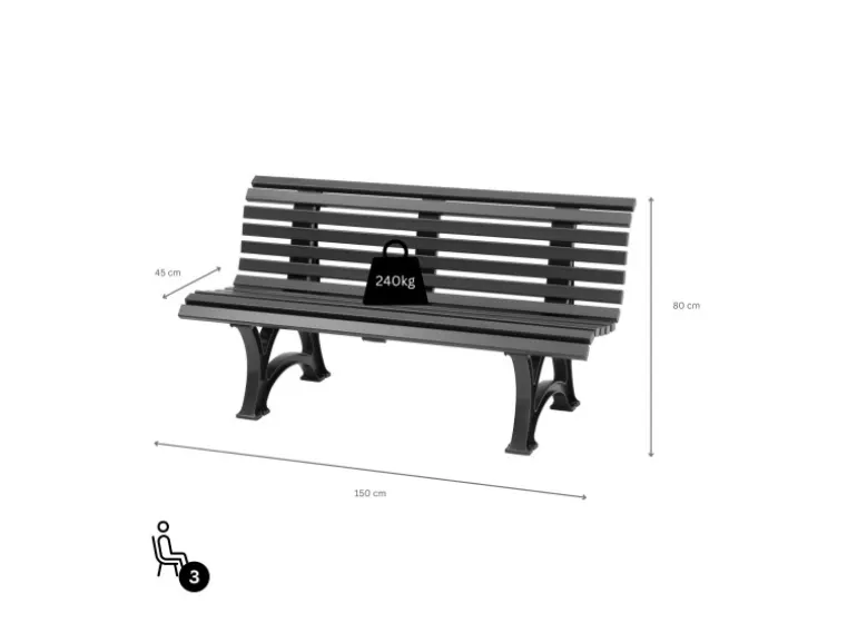 PROREGAL Gartenbank Jamaika 3 Sitzer Graphitgrau HxBxT 80 x 150 x 64cm Witterungskunststoff & UV Beständiger Kunststoff Parkbank Sitzbank