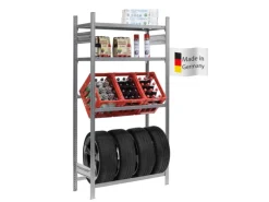PROREGAL Getränkekisten- & Reifenregal Chiemsee Tire Made in Germany HxBxT 200 x 106 x 43,5 cm 3 Kisten auf 1 Ebene & 4 Reifen & 2 Boards Verzinkt