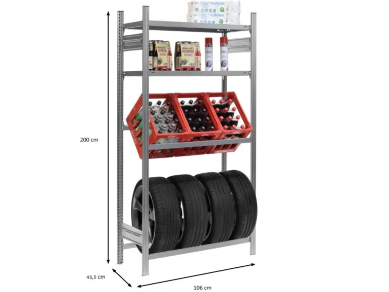 PROREGAL Getränkekisten- & Reifenregal Chiemsee Tire Made in Germany HxBxT 200 x 106 x 43,5 cm 3 Kisten auf 1 Ebene & 4 Reifen & 2 Boards Verzinkt