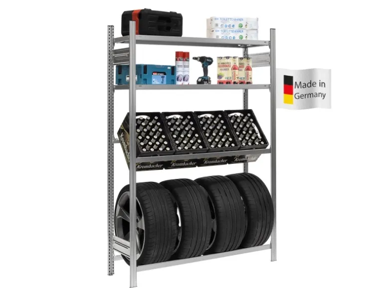 PROREGAL Getränkekisten- & Reifenregal Chiemsee Tire Made in Germany HxBxT 200 x 136 x 43,5 cm 4 Kisten auf 1 Ebene & 4 Reifen & 2 Boards Verzinkt