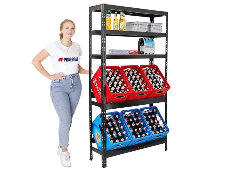 PROREGAL Getränkekistenregal Bodensee 6 Kisten mit 3 Ablagen Schwarz HxBxT 180 x 100 x 30 cm Freistehend Kistenständer Getränkeregal