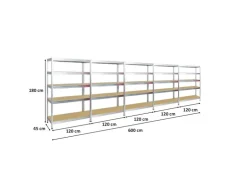 PROREGAL Mega Deal 5x Schwerlastregal Rivet HxBxT 180 x 120 x 45 cm Fachlast 250 kg Verzinkt