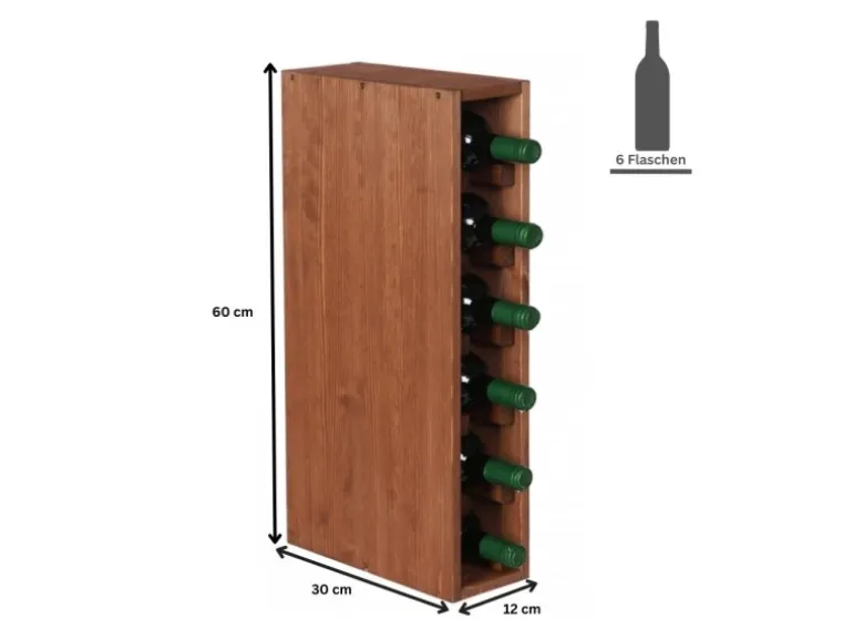 PROREGAL Modulares Weinregal Vincellar Mod HxBxT 60 x 12 x 30 cm Schmal Modul Für 6 Flaschen Massives Kiefernholz Braun Geölt
