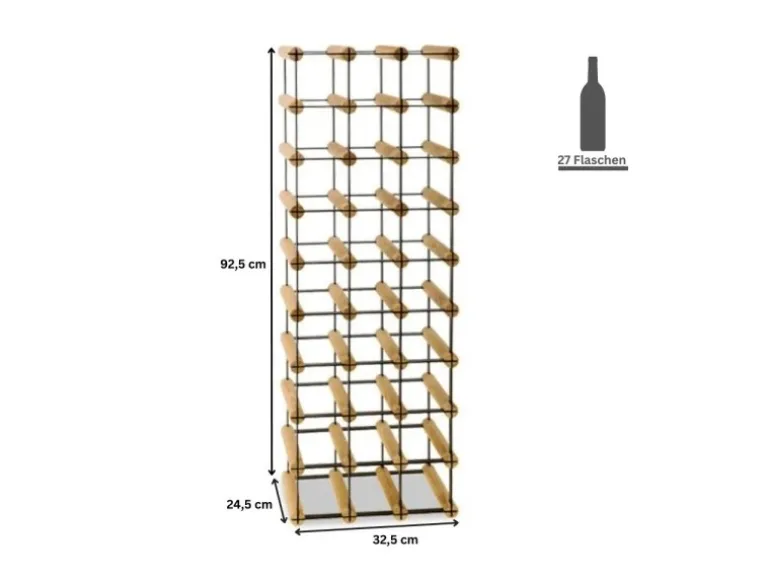 PROREGAL Modulares Weinregal Vinotega Mod Metal HxBxT 92,5 x 32,5 x 24,5 cm 3 x 9 Flaschen Massives Kiefernholz Natur