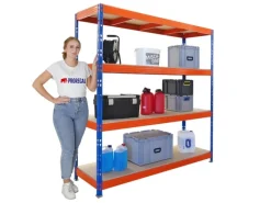 PROREGAL Profi Schwerlastregal Rhino HxBxT 200x200x60cm 4 Spanplatten-Ebenen 16mm Fachlast 500kg Blau/Orange Stecksystem Lagerregal Steckregal