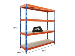 PROREGAL Profi Schwerlastregal Rhino HxBxT 200x200x60cm 4 Spanplatten-Ebenen 16mm Fachlast 500kg Blau/Orange Stecksystem Lagerregal Steckregal