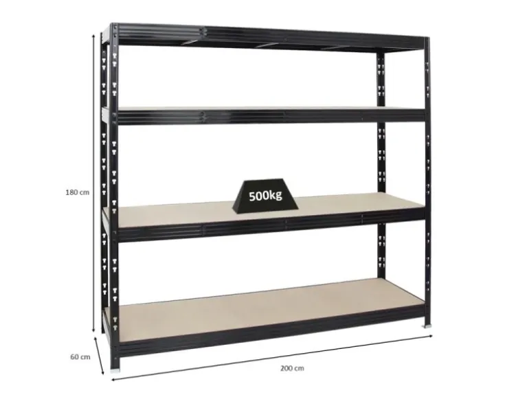PROREGAL Profi Schwerlastregal Rhino HxBxT 180 x 200 x 60 cm 4 Spanplatten-Ebenen 8mm Fachlast 500 kg Schwarz