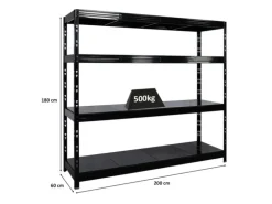 PROREGAL Profi Schwerlastregal Rhino HxBxT 180x200x60cm 4 Stahlplatten-Ebenen Fachlast 500kg Schwarz Stecksystem Lagerregal Regalsystem