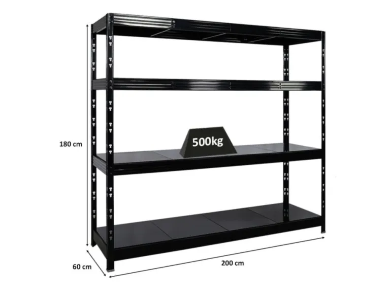 PROREGAL Profi Schwerlastregal Rhino HxBxT 180x200x60cm 4 Stahlplatten-Ebenen Fachlast 500kg Schwarz Stecksystem Lagerregal Regalsystem