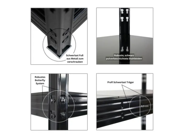 PROREGAL Profi Schwerlastregal Rhino HxBxT 180x200x60cm 4 Stahlplatten-Ebenen Fachlast 500kg Schwarz Stecksystem Lagerregal Regalsystem