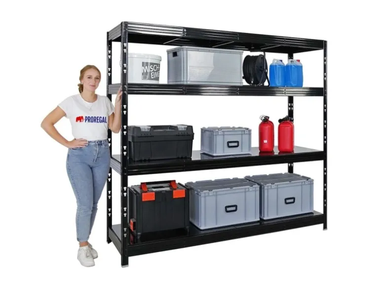 PROREGAL Profi Schwerlastregal Rhino HxBxT 180x200x60cm 4 Stahlplatten-Ebenen Fachlast 500kg Schwarz Stecksystem Lagerregal Regalsystem