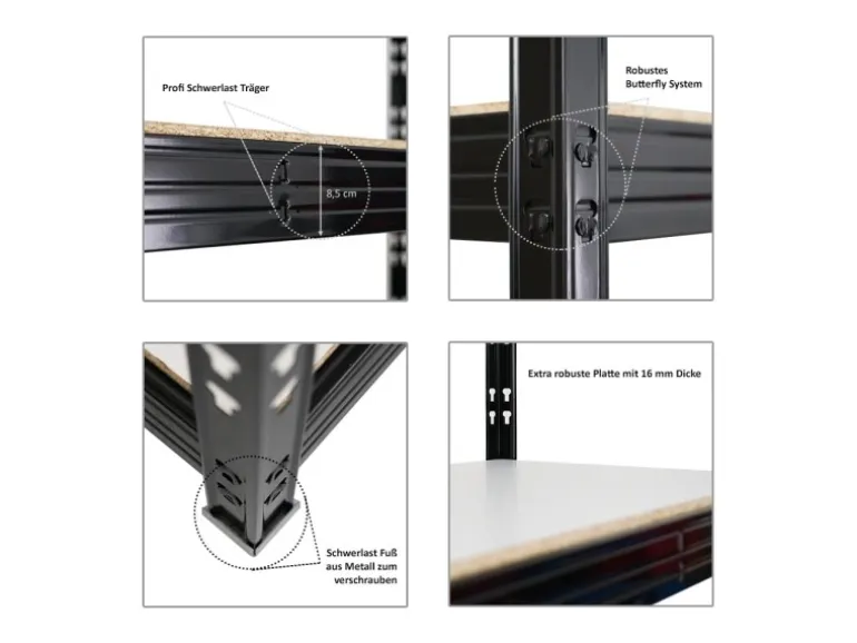 PROREGAL Profi Schwerlastregal Rhino HxBxT 200x200x60cm 4 Melamin-Ebenen 16mm Fachlast 500kg Schwarz Stecksystem Lagerregal Steckregal
