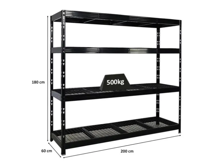 PROREGAL Profi Schwerlastregal Rhino HxBxT 180x200x60cm 4 Gitterrost-Ebenen Fachlast 500kg Schwarz Stecksystem Lagerregal Regalsystem