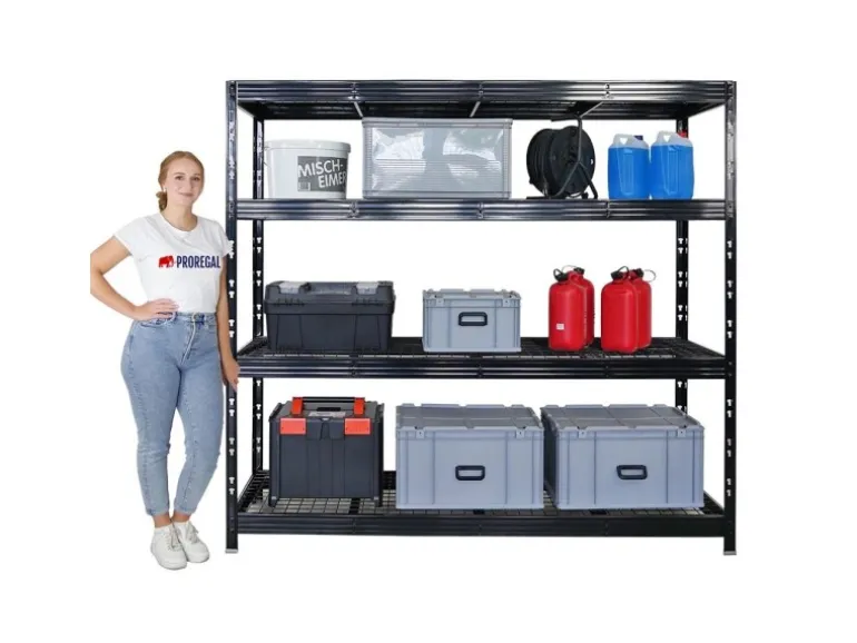 PROREGAL Profi Schwerlastregal Rhino HxBxT 180x200x60cm 4 Gitterrost-Ebenen Fachlast 500kg Schwarz Stecksystem Lagerregal Regalsystem