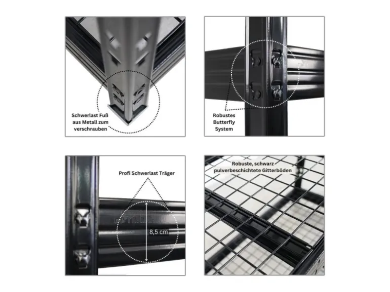 PROREGAL Profi Schwerlastregal Rhino HxBxT 180x200x60cm 4 Gitterrost-Ebenen Fachlast 500kg Schwarz Stecksystem Lagerregal Regalsystem