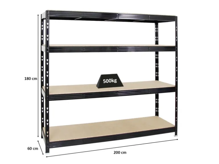 PROREGAL Profi Schwerlastregal Rhino HxBxT 180 x 200 x 60 cm 4 Spanplatten-Ebenen 16mm Fachlast 500 kg Schwarz