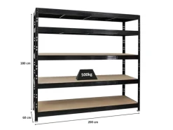 PROREGAL Profi Schwerlastregal Rhino HxBxT 180 x 200 x 60 cm 5 Spanplatten-Ebenen 8mm Fachlast 500 kg Schwarz