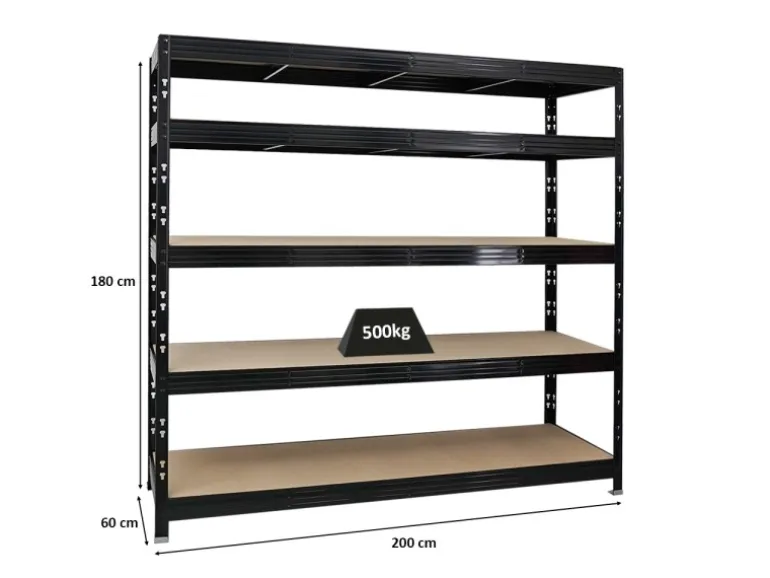 PROREGAL Profi Schwerlastregal Rhino HxBxT 180 x 200 x 60 cm 5 Spanplatten-Ebenen 8mm Fachlast 500 kg Schwarz