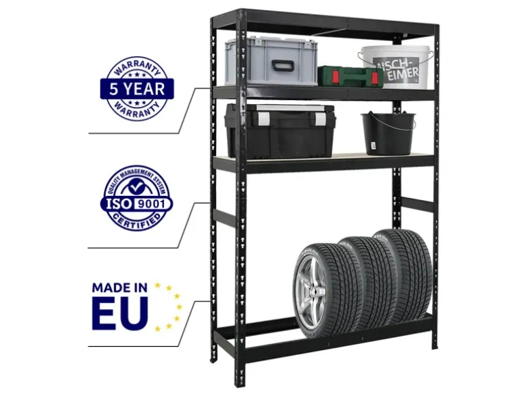 PROREGAL Reifenregal Tiger HxBxT 180 x 120 x 40 cm Bis Zu 6 Reifen Auf 1 Ebene + 3 Ablagen Schwarz