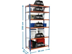 PROREGAL Schwerlastregal Giant Metal Shark HxBxT 250 x 90 x 50 cm Fachlast 180 kg Blau-Orange