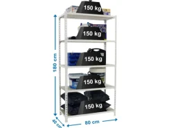PROREGAL Schwerlastregal Muli HxBxT 180 x 80 x 40 cm 5 Fachböden Fachlast 150 kg Weiß