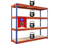 PROREGAL Schwerlastregal Dino HxBxT 180x200x60cm 4 Spanplatten-Ebenen 16mm Fachlast 500kg Blau/Orange