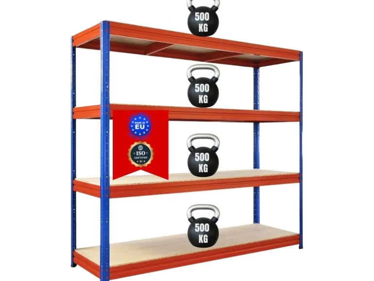PROREGAL Schwerlastregal Dino HxBxT 180x200x60cm 4 Spanplatten-Ebenen 16mm Fachlast 500kg Blau/Orange