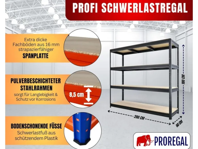 PROREGAL Schwerlastregal Dino HxBxT 180x200x60cm 4 Spanplatten-Ebenen 16mm Fachlast 500kg Blau/Orange