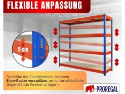 PROREGAL Schwerlastregal Dino HxBxT 180x200x60cm 4 Spanplatten-Ebenen 16mm Fachlast 500kg Blau/Orange