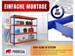 PROREGAL Schwerlastregal Dino HxBxT 180x200x60cm 4 Spanplatten-Ebenen 16mm Fachlast 500kg Blau/Orange