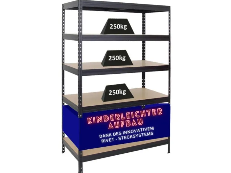 PROREGAL Schwerlastregal Rivet HxBxT 180 x 120 x 60 cm Fachlast 250 kg Innovatives Stecksystem Schwarz