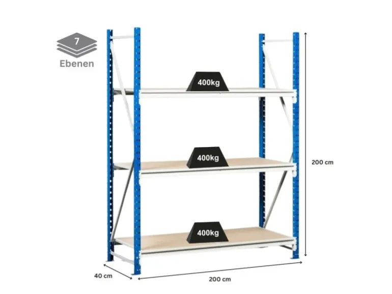 PROREGAL Weitspannregal Maximus Grundregal HxBxT 200 x 200 x 40 cm 7 Ebenen Spanplatten Fachboden Fachlast 400 kg Lichtblau & Lichtgrau