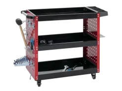 PROREGAL Werkzeugwagen HxBxT 73x90x35cm Rollwagen Werkstattwagen Rollen Handgriff 3 Ladeflächen Lochraster Stahl Rot
