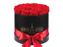 Rosenbox Ø 19 cm Schwarz mit Schleife und 14 Roten Rosen