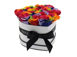Rosenbox Herz Weiß-Schwarz mit 13 Rainbow Rosen