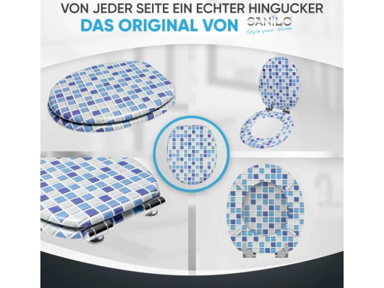 Sanilo WC Sitz mit Absenkautomatik Mosaik Blau, Hochwertiger und Stabiler Toilettendeckel aus Holz