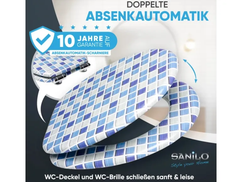 Sanilo WC Sitz mit Absenkautomatik Mosaik Blau, Hochwertiger und Stabiler Toilettendeckel aus Holz