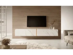 Selsey TV-Hängeboard Bisira 200 cm Weiße Marmoroptik mit Goldenem Einsatz