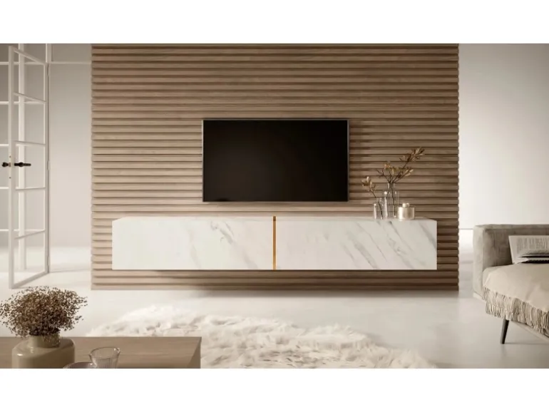 Selsey TV-Hängeboard Bisira 200 cm Weiße Marmoroptik mit Goldenem Einsatz