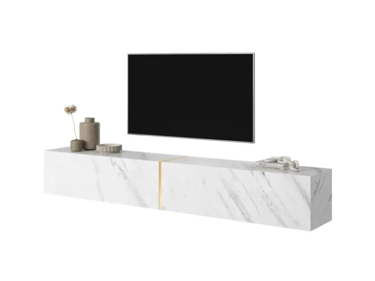 Selsey TV-Hängeboard Bisira 200 cm Weiße Marmoroptik mit Goldenem Einsatz