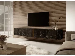 Selsey TV-Hängeboard Bisira 200 cm Schwarze Marmoroptik mit Goldenem Einsatz