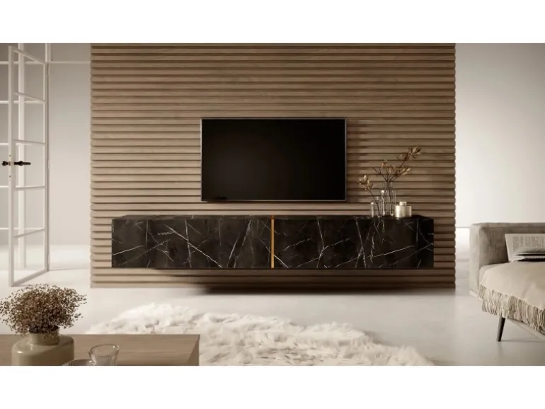 Selsey TV-Hängeboard Bisira 200 cm Schwarze Marmoroptik mit Goldenem Einsatz