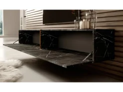 Selsey TV-Hängeboard Bisira 200 cm Schwarze Marmoroptik mit Goldenem Einsatz